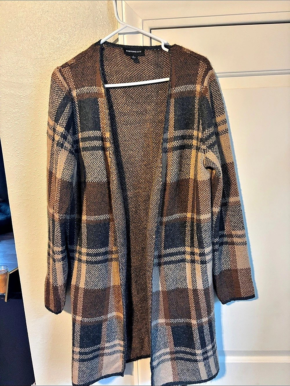 Fortune+Ivy Plaid Open Front Cardigan in Brown & Black Like New